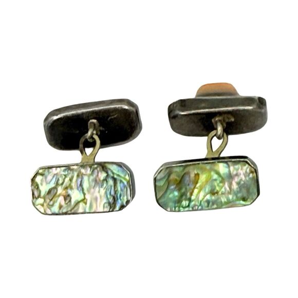 Antique 925 Sterling Silver Men's Cufflinks Abalone Mother Of Pearl Rectangle - Picture 11 of 16